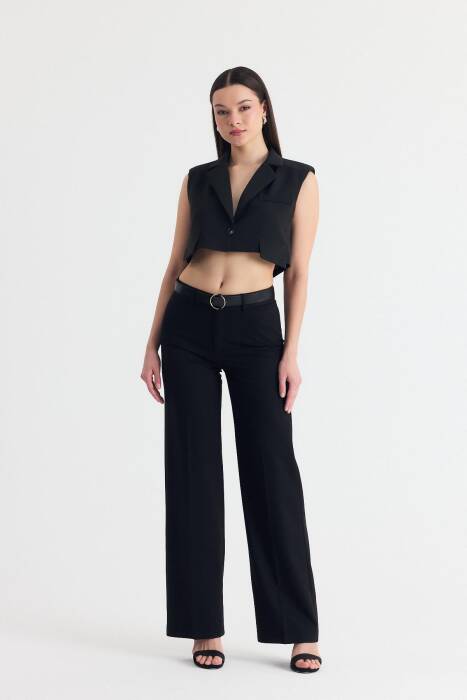 Siyah Crop Vatkalı Tek Düğme Cep Detay Yelek 6929 - Stilay