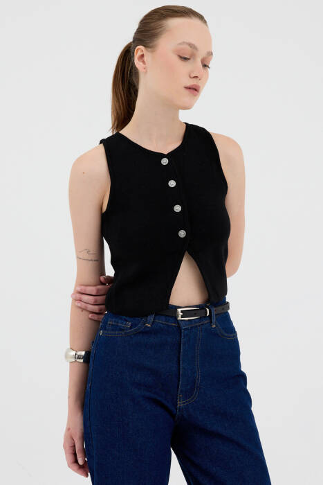 Siyah Düğmeli Triko Kadın Yelek 2275 - Stilay