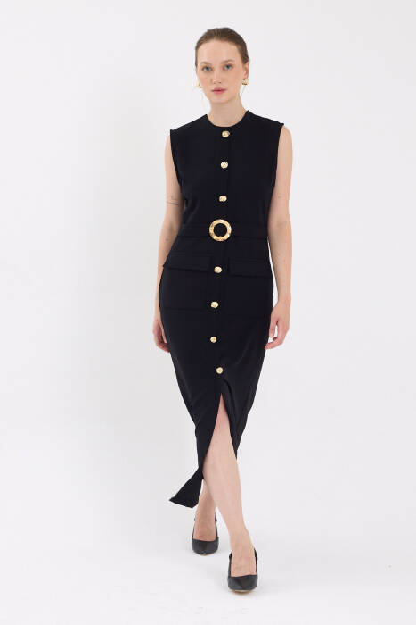 Siyah Gold Düğme Detaylı Kemerli Midi Elbise 8085A - Stilay