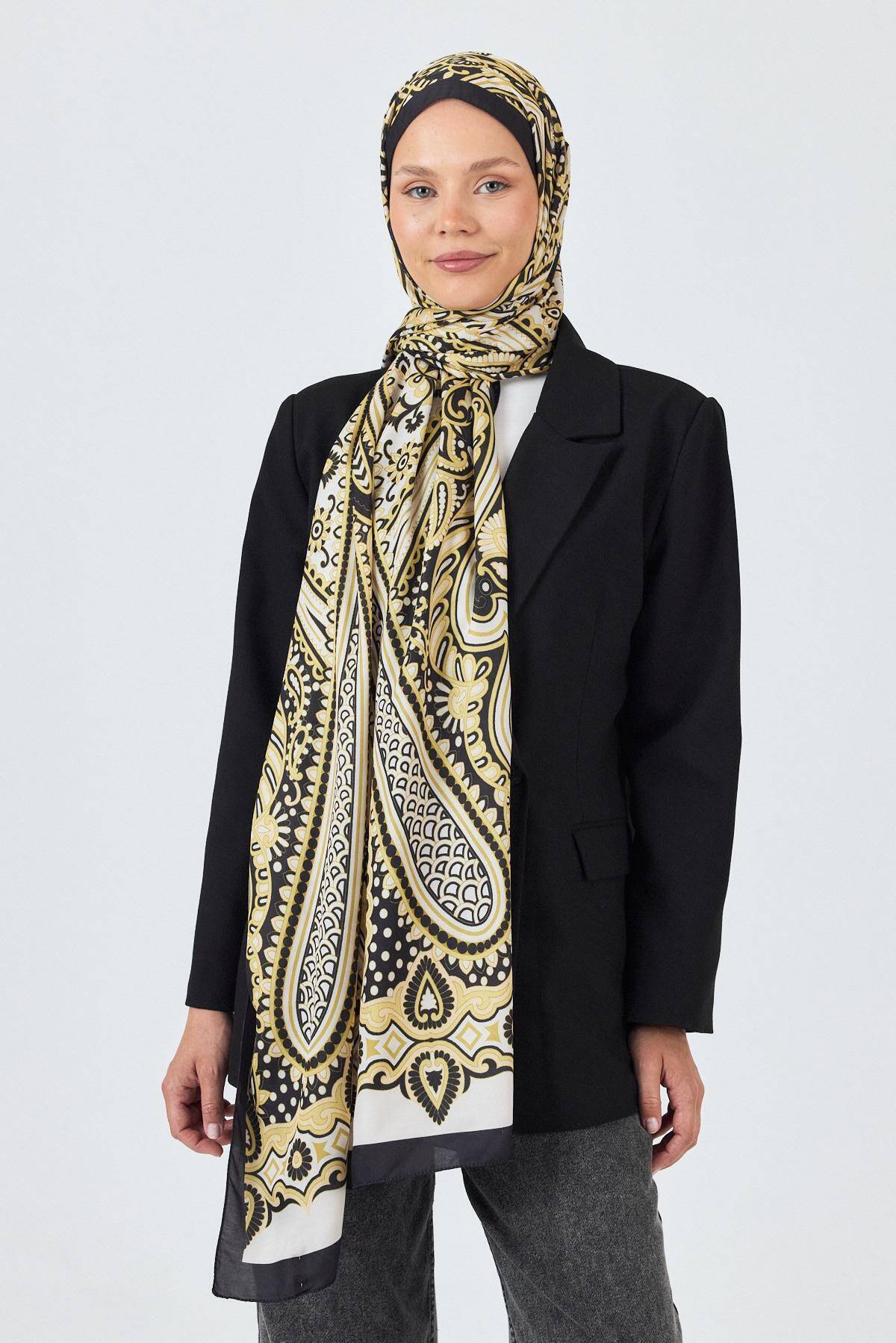 Siyah-Gold Retro Desenli Şal 5684 - 4