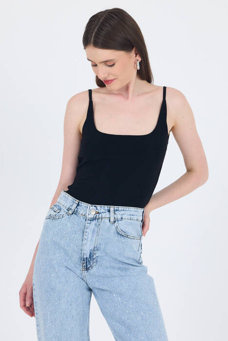 Siyah İnce Askılı Çıtçıtlı Bodysuit 13255 - Stilay