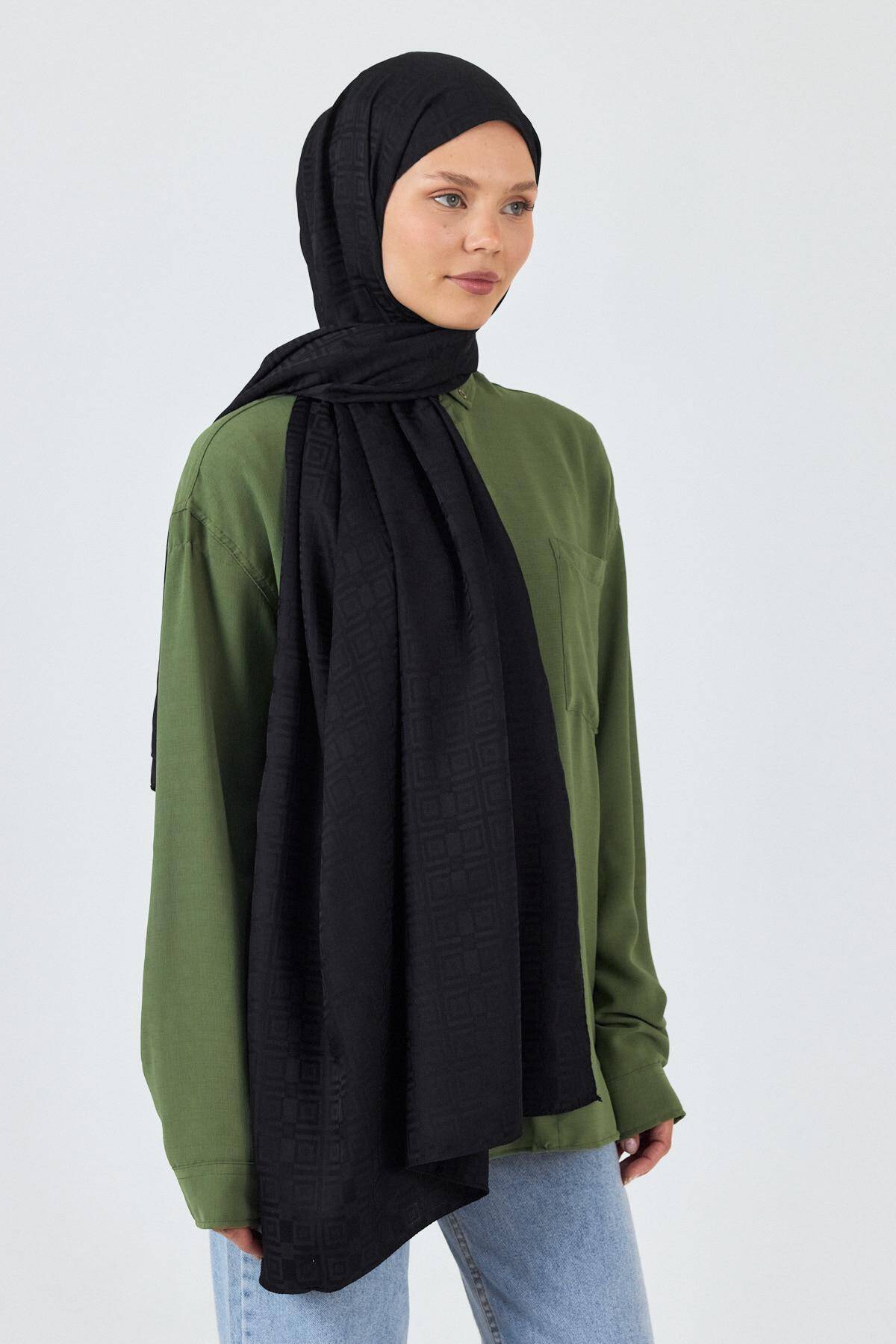 Siyah Kare Desen Jakar Şal 5692 