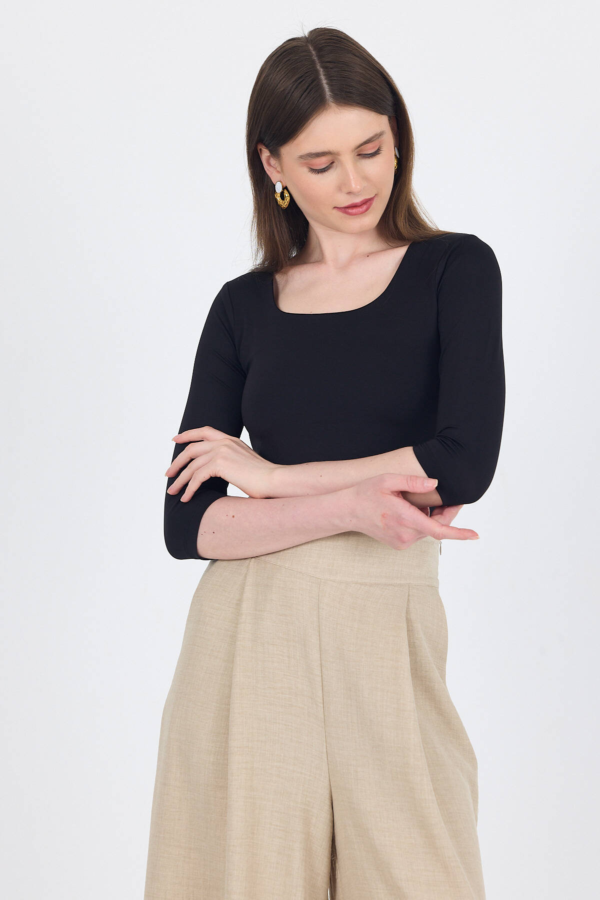 Siyah Kare Yaka Örme Body 9193M - Stilay