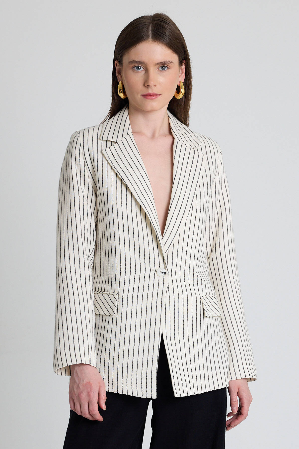 Siyah Keten Görünümlü %100 Pamuk Çizgili Blazer Ceket 2305 - 1