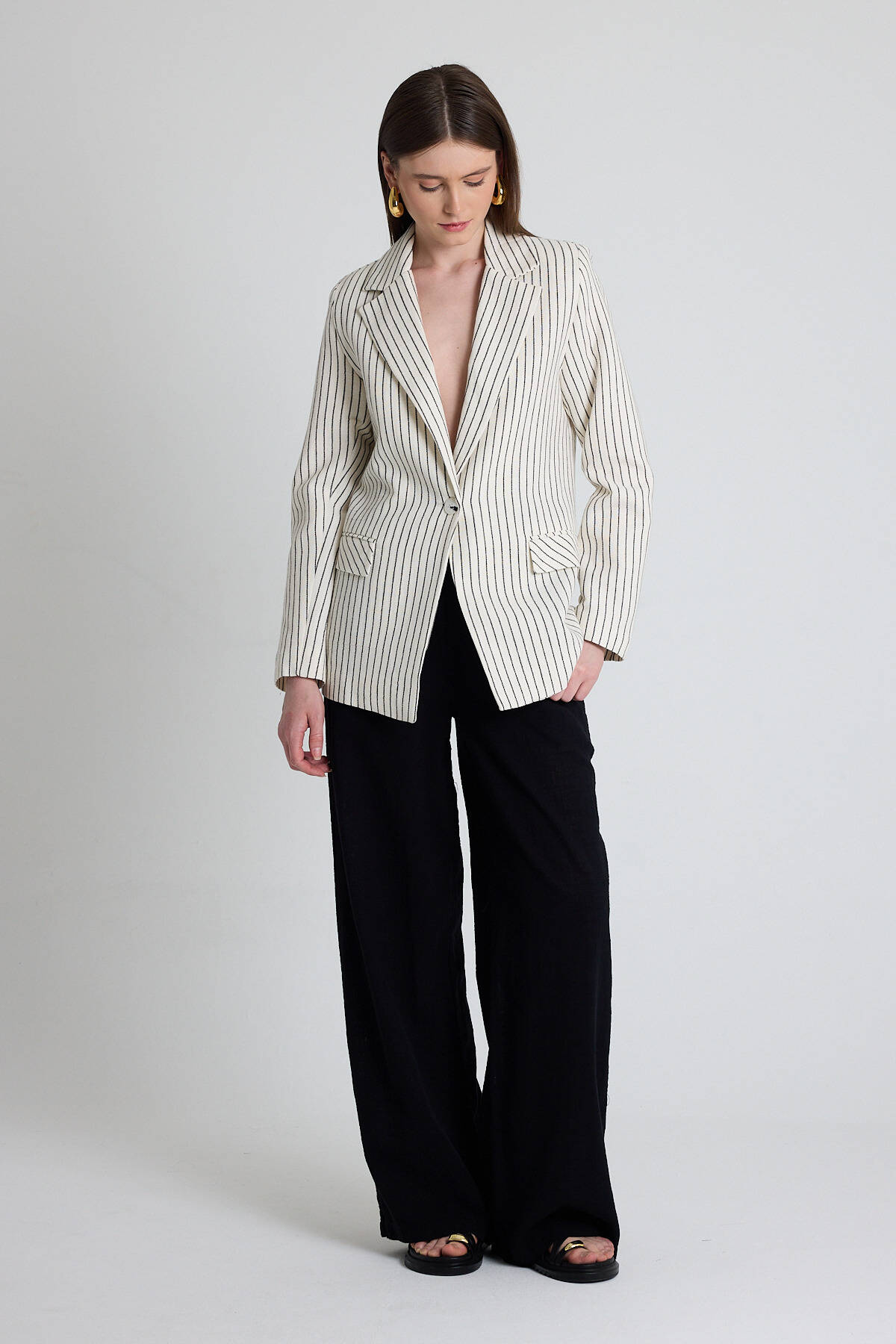 Siyah Keten Görünümlü %100 Pamuk Çizgili Blazer Ceket 2305 - Stilay