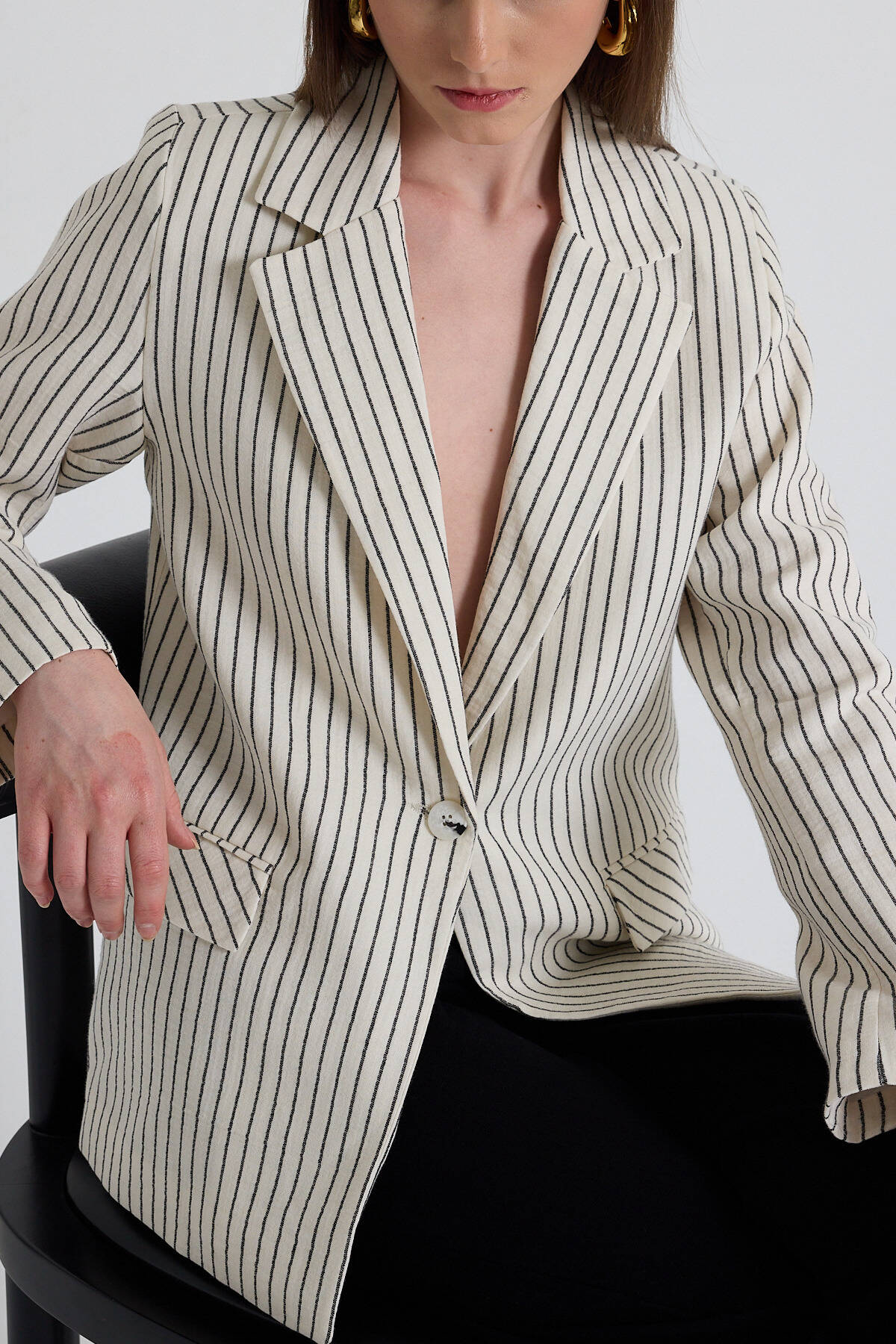 Siyah Keten Görünümlü %100 Pamuk Çizgili Blazer Ceket 2305 - 3