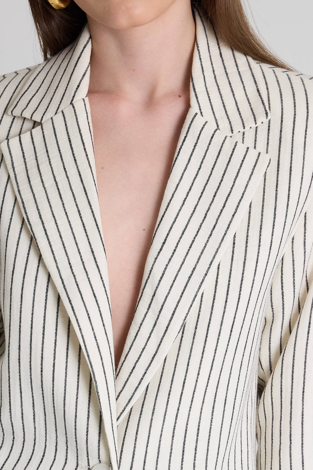 Siyah Keten Görünümlü %100 Pamuk Çizgili Blazer Ceket 2305 - 4