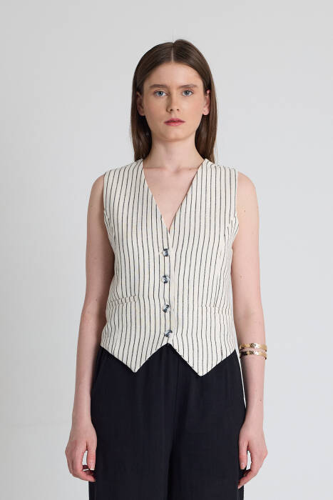 Siyah Keten Görünümlü %100 Pamuk Çizgili Yelek 2323 - Stilay