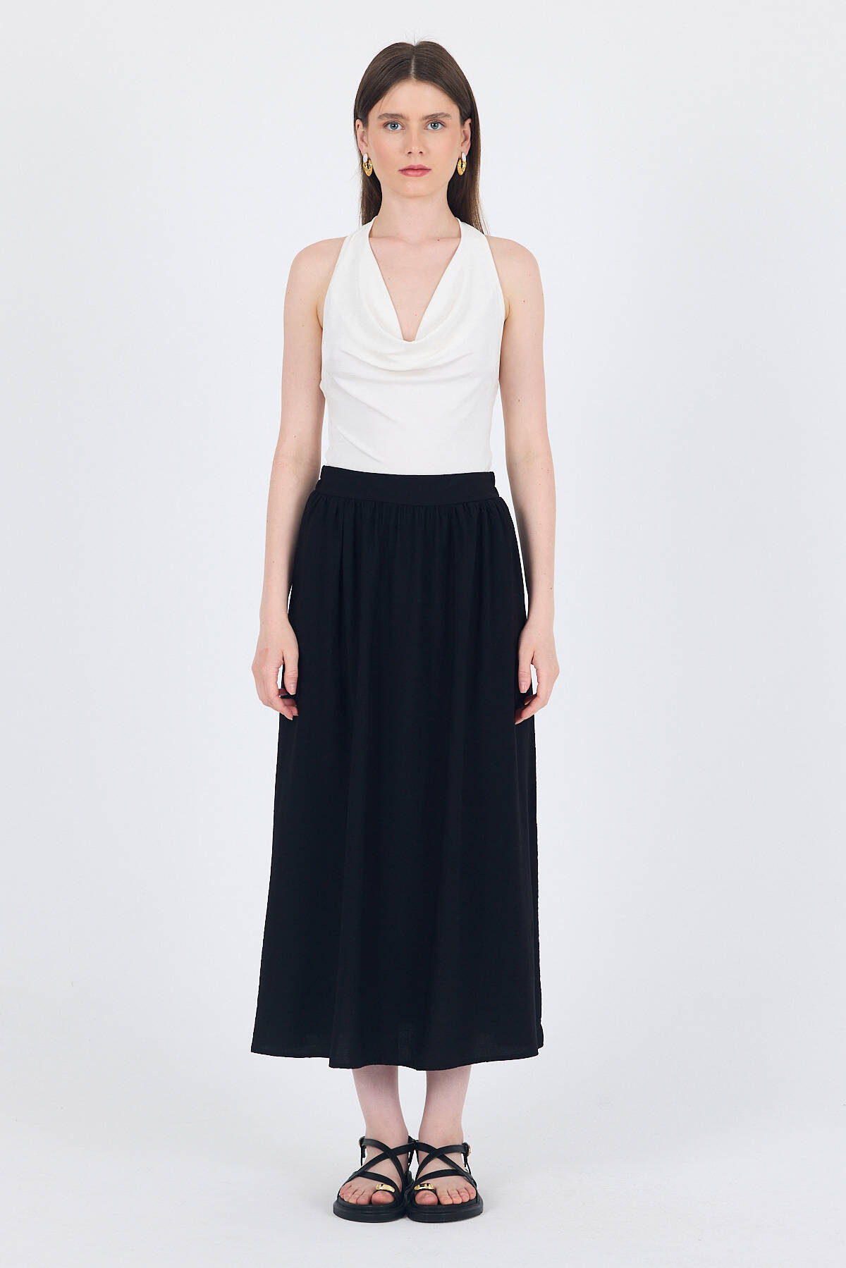 Siyah Keten Görünümlü Cep Detaylı Midi Etek 2344 - Stilay