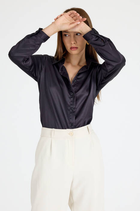 Siyah Klasik Kesim Saten Gömlek 4105A - Stilay