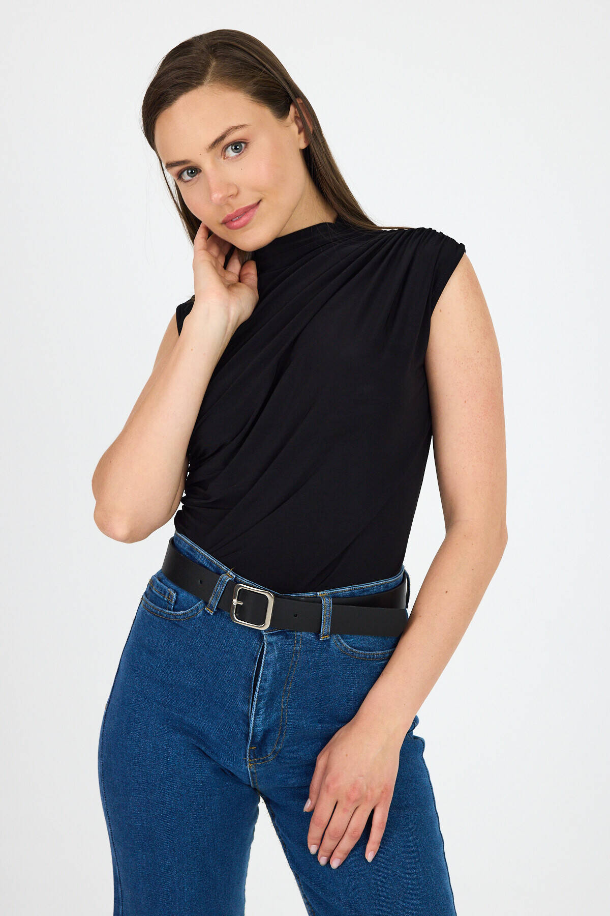 Siyah Kolsuz Büzgülü Sandy Bluz 2430 - 3