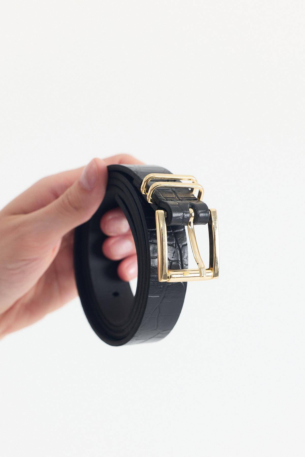 Siyah Kroko Desen Gold Tokalı Kemer418 - Stilay