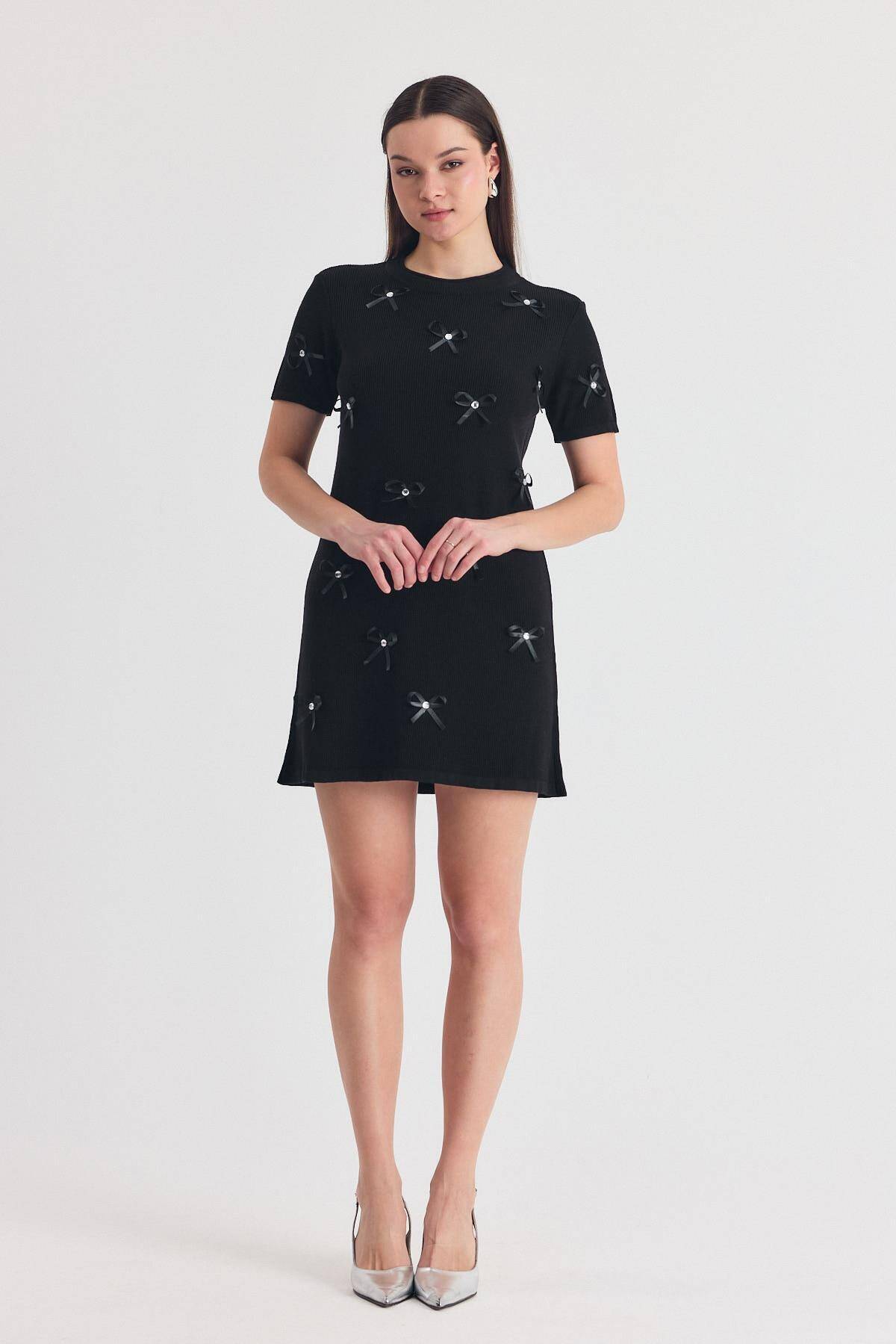 Siyah Kurdela Detay Triko Elbise 2117 - Stilay