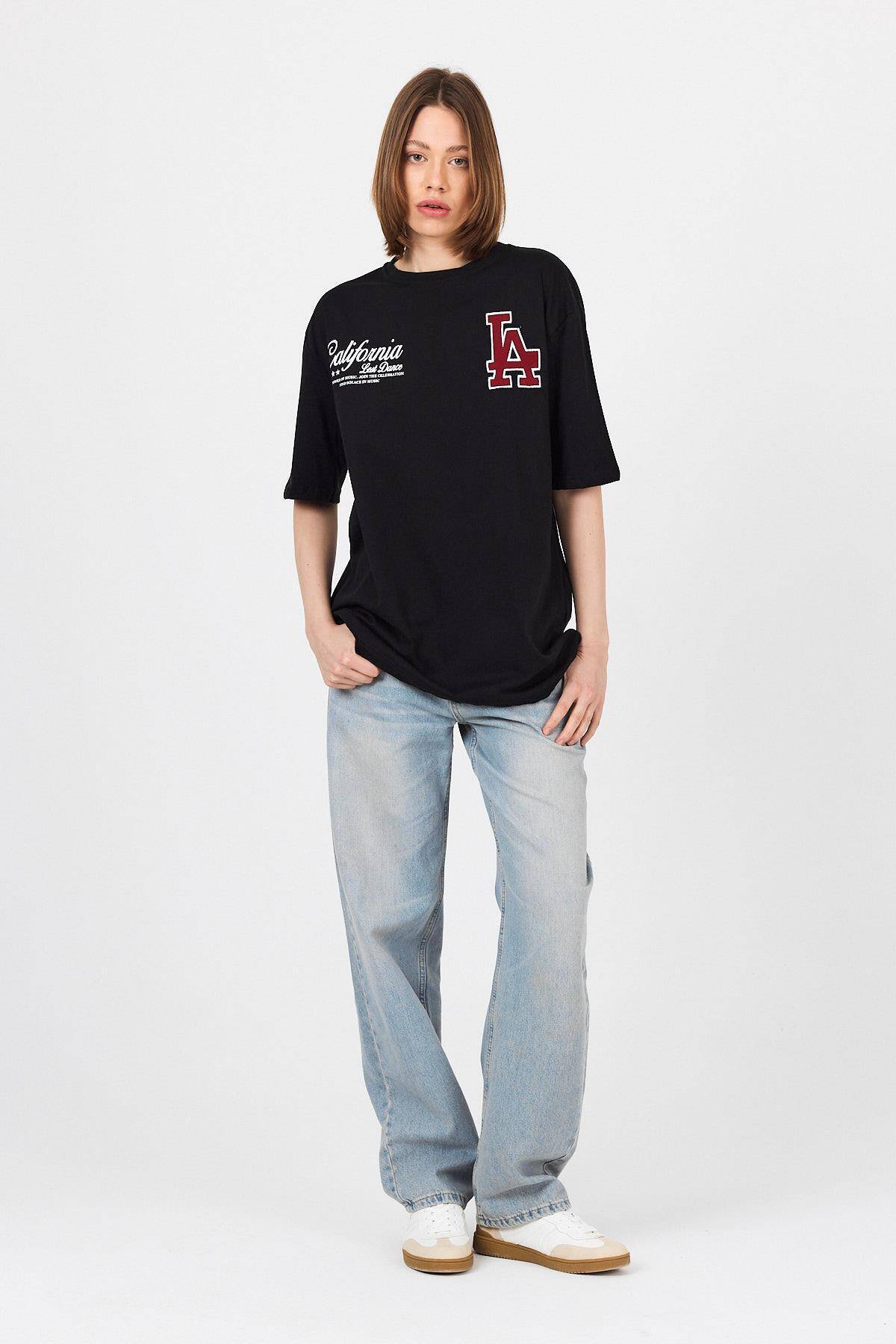 Siyah LA Baskılı California Yazılı Oversize Tişört 5197 - 2
