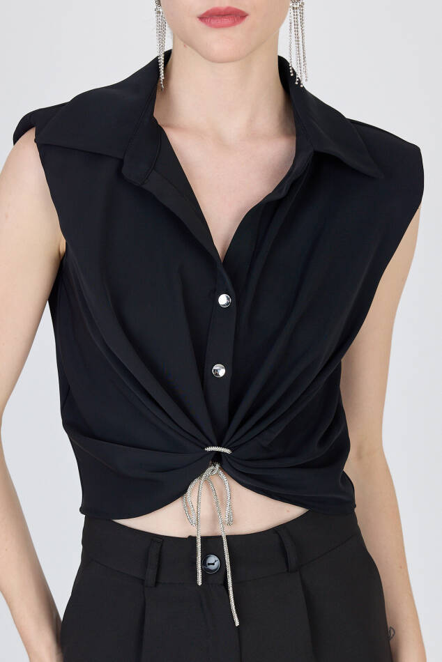 Siyah Ön Bağlama Detaylı Crop Bluz 241188 - 4