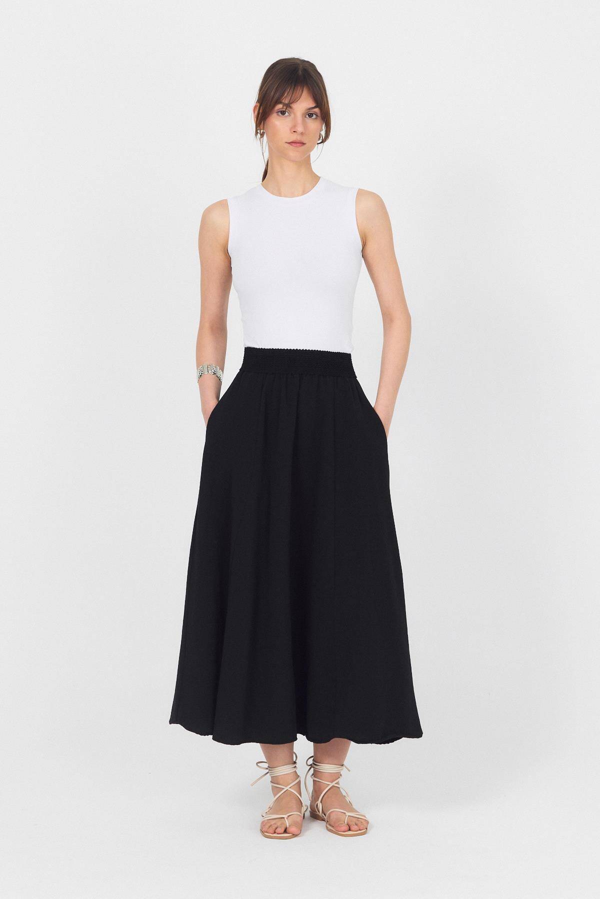 Siyah Örgü Kemer Detay Cepli Midi Etek 3027 - Stilay