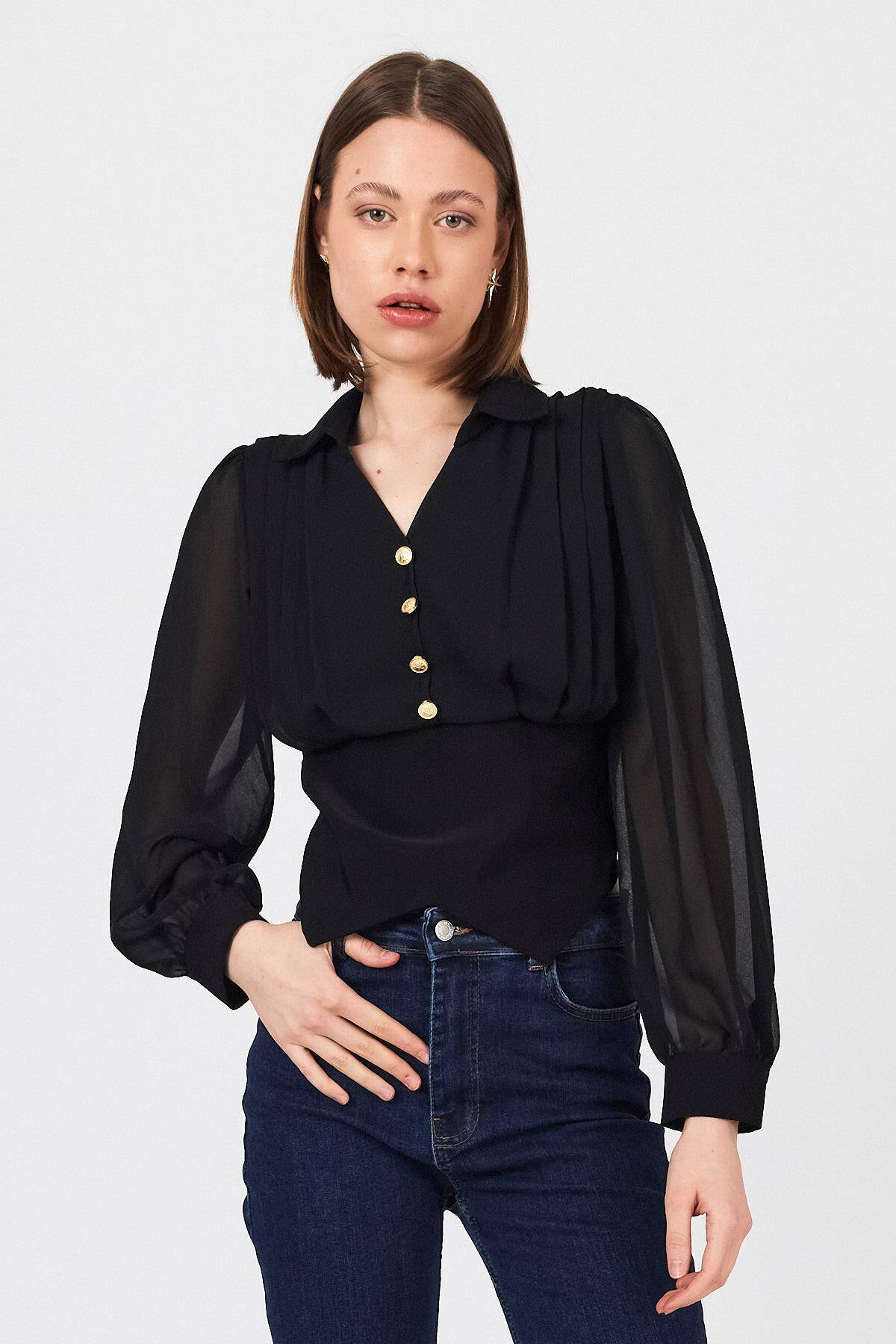 Siyah Pileli Gömlek Yaka Düğmeli Bluz 9471 - Stilay