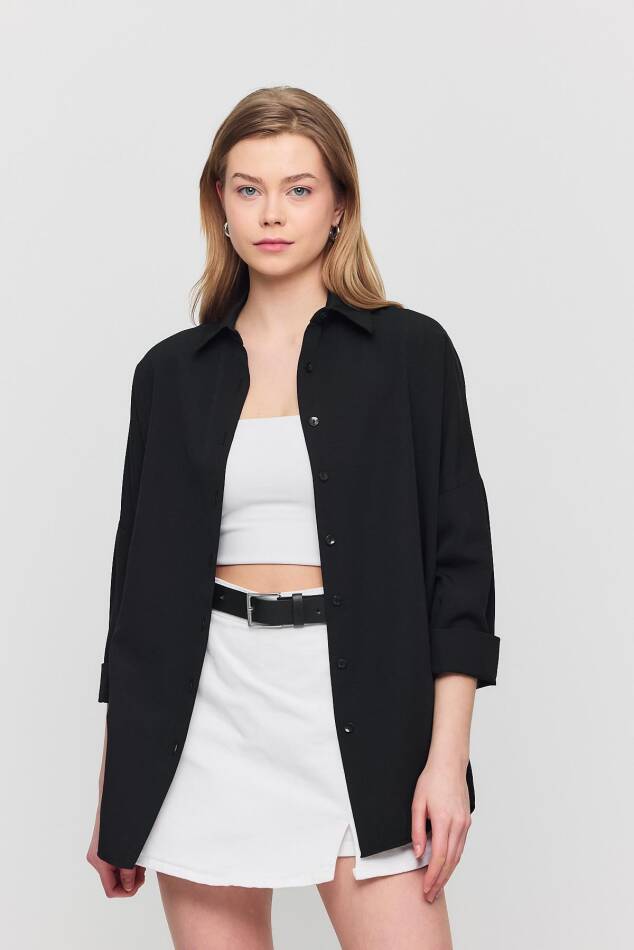 Siyah Relaxed Fit Rahat Kesim Basic Gömlek - 6621A - 1