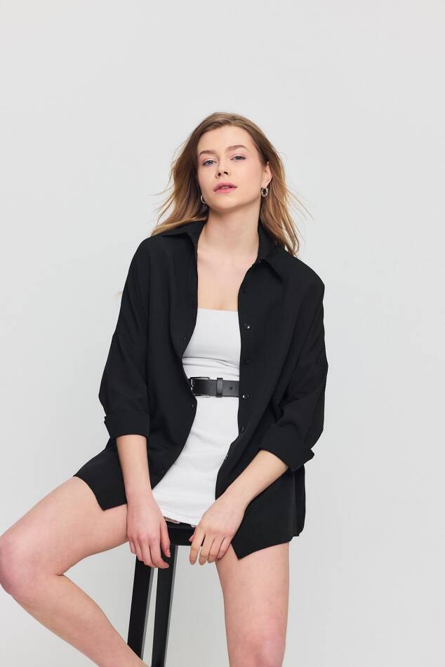 Siyah Relaxed Fit Rahat Kesim Basic Gömlek - 6621A - 4