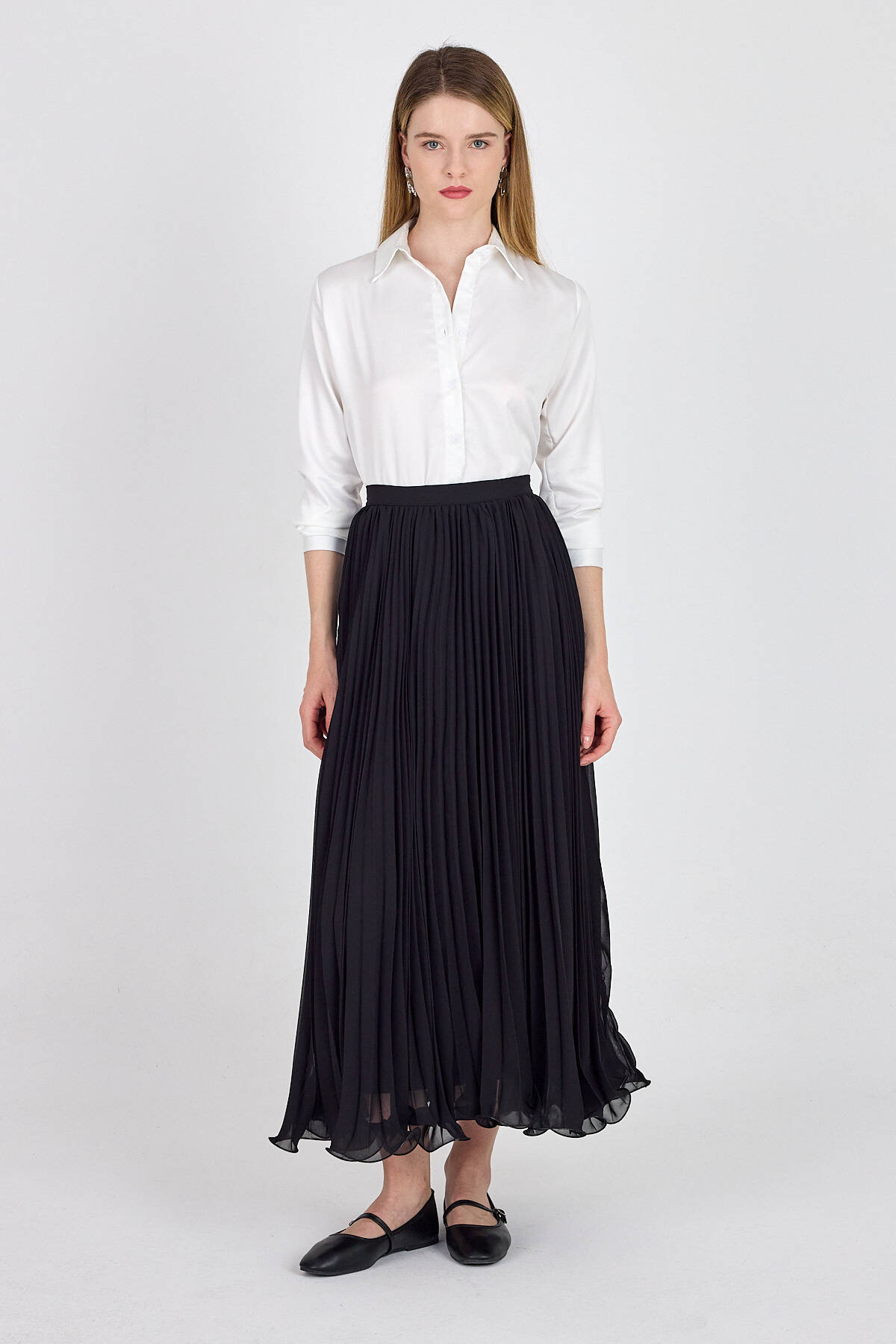 Siyah Şifon Piliseli Yüksek Bel Maxi Etek 1003 - Stilay