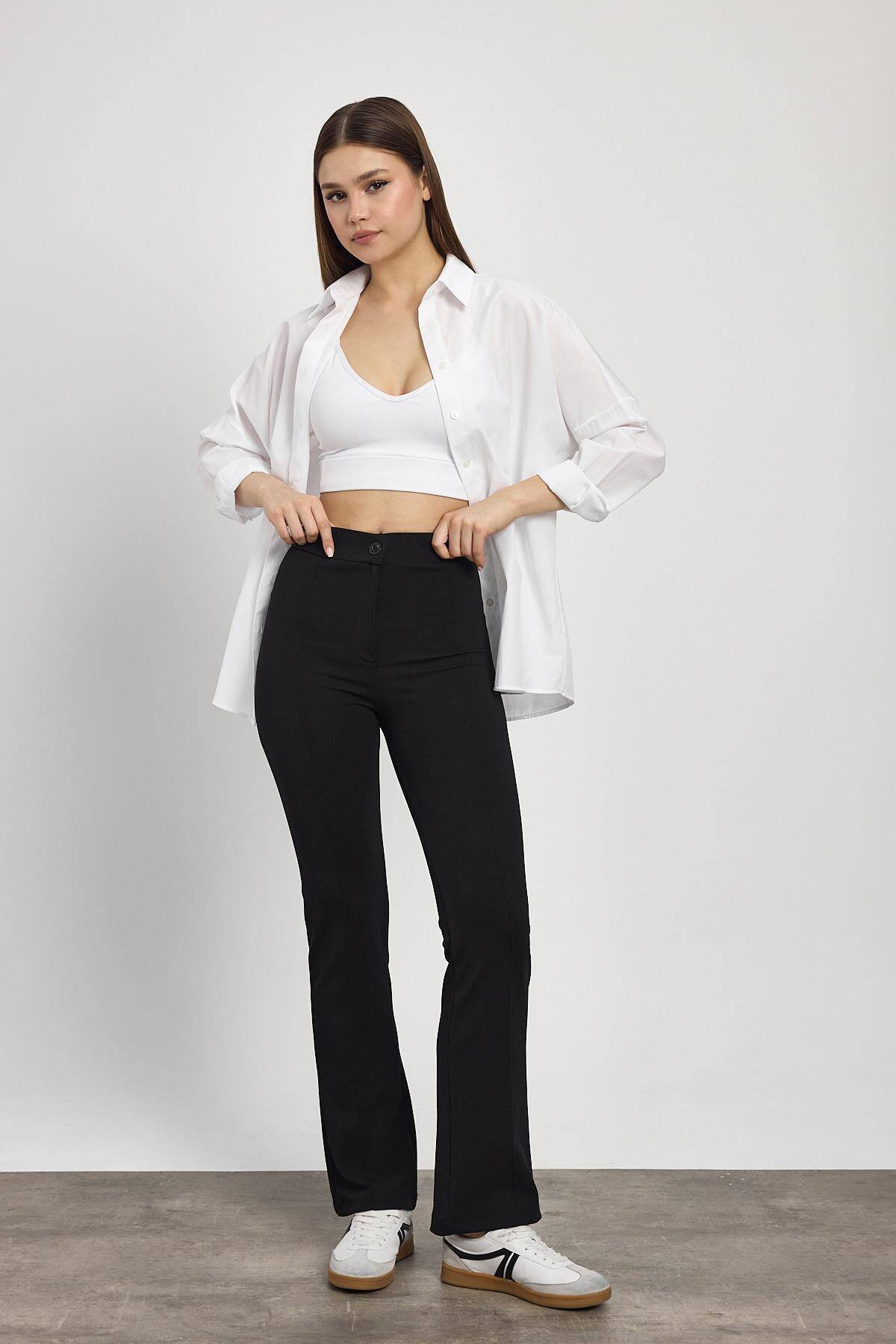 Siyah Straight/Düz Kesim Yüksek Bel Nervür Dikişli Örme Pantolon 6873 - 1