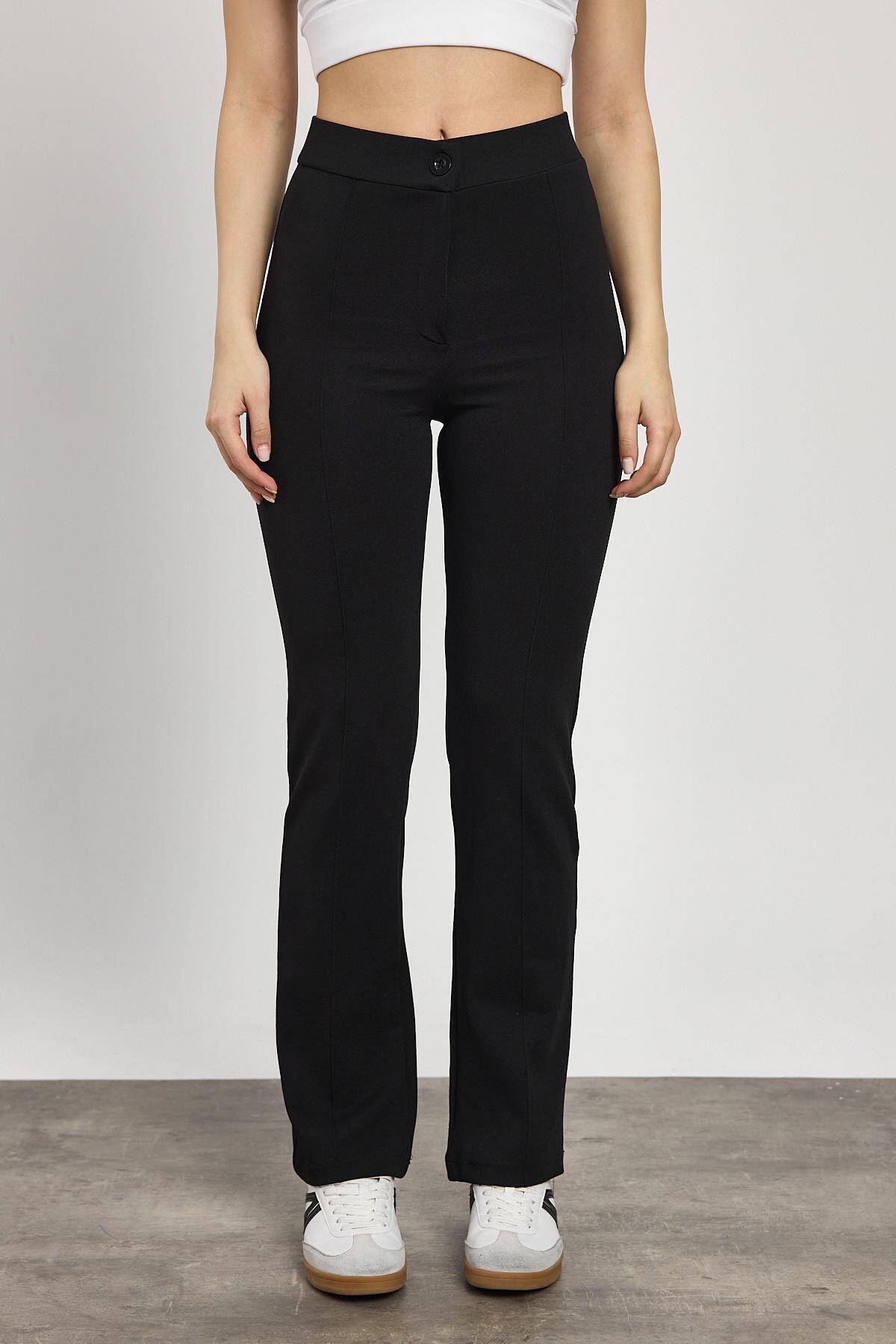 Siyah Straight/Düz Kesim Yüksek Bel Nervür Dikişli Örme Pantolon 6873 - 3
