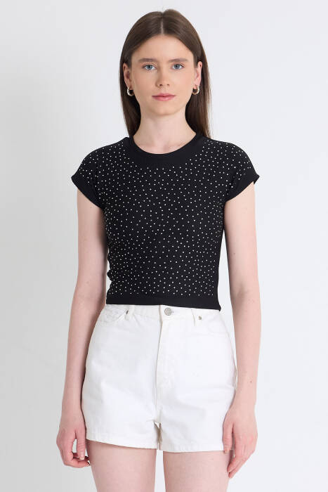 Siyah Taş Detaylı Slim Fit Crop Tişört 9207M - Stilay