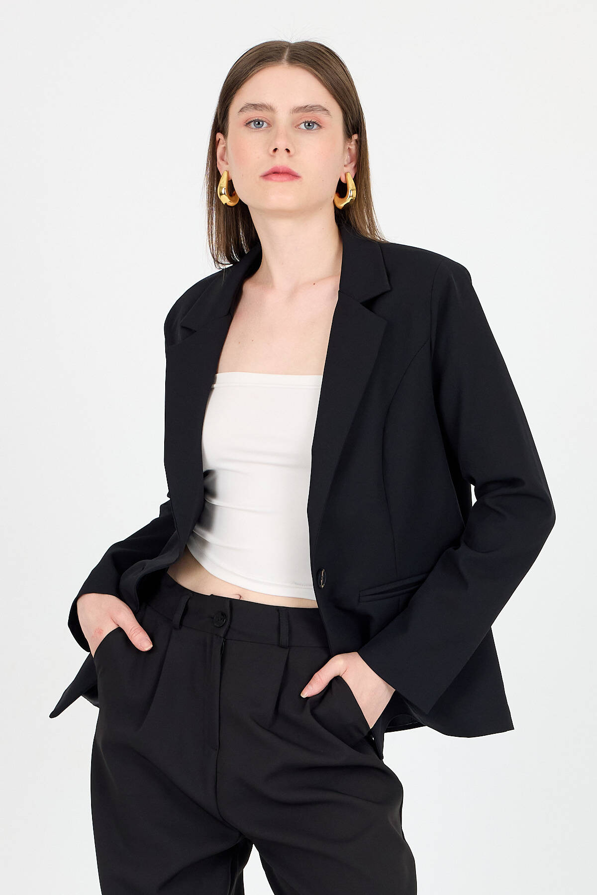 Siyah Tek Düğmeli Klasik Kesim Blazer Ceket 4612A - Stilay