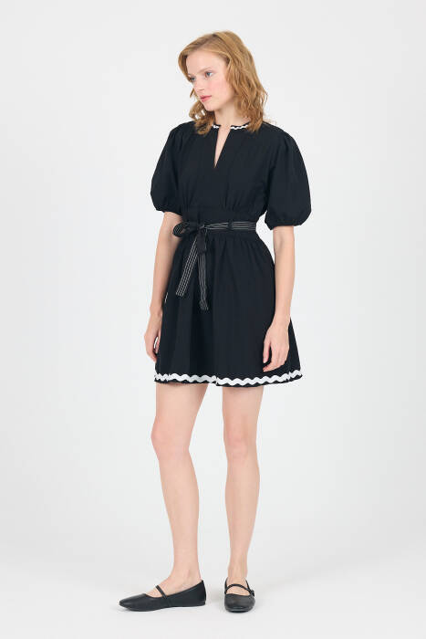 Siyah Terikoton Balon Kollu Bel Bağlamalı Mini Elbise 2617 - Stilay