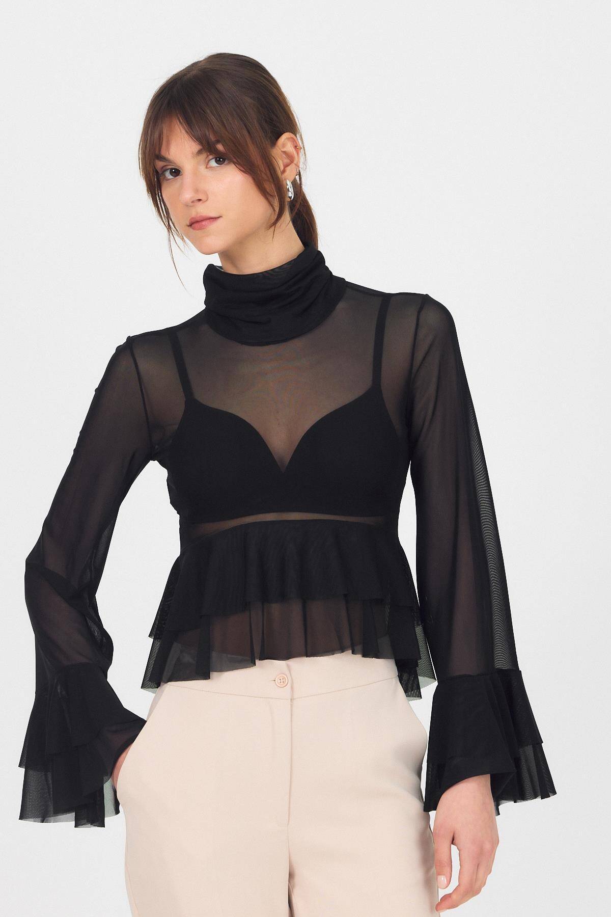 Siyah Transparan Volan Kollu Boğazlı Bluz 6836 - Stilay