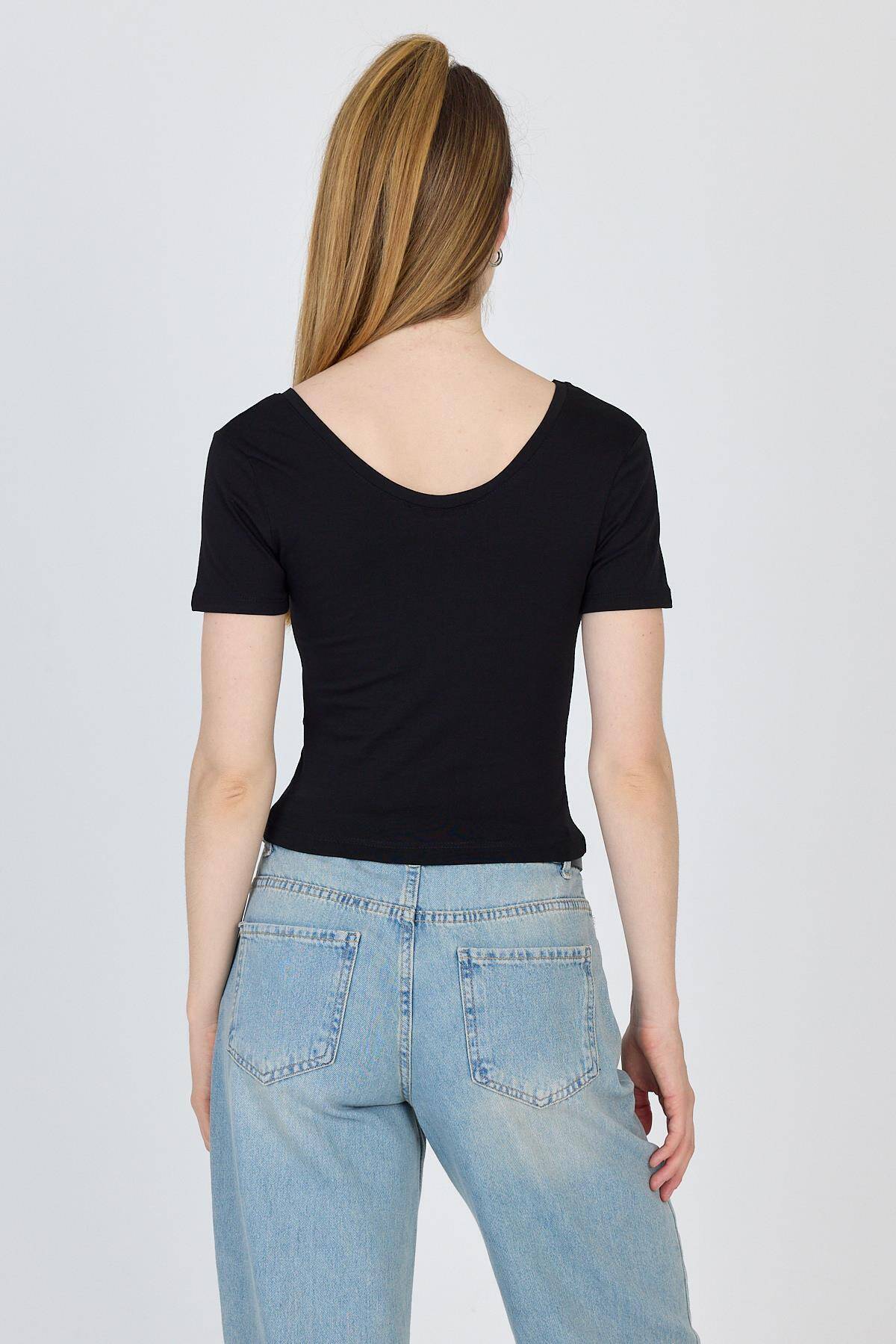 Siyah U Yaka Pamuklu Slim Fit Tişört 9186M - 5