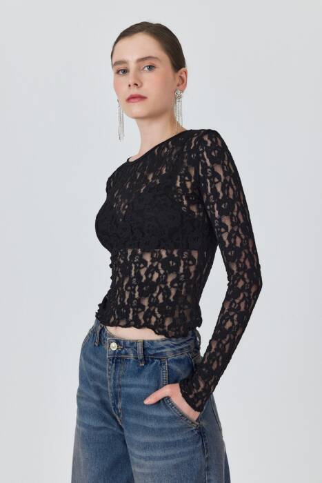Siyah Uzun Kollu Dantel Bluz 6871 - Stilay