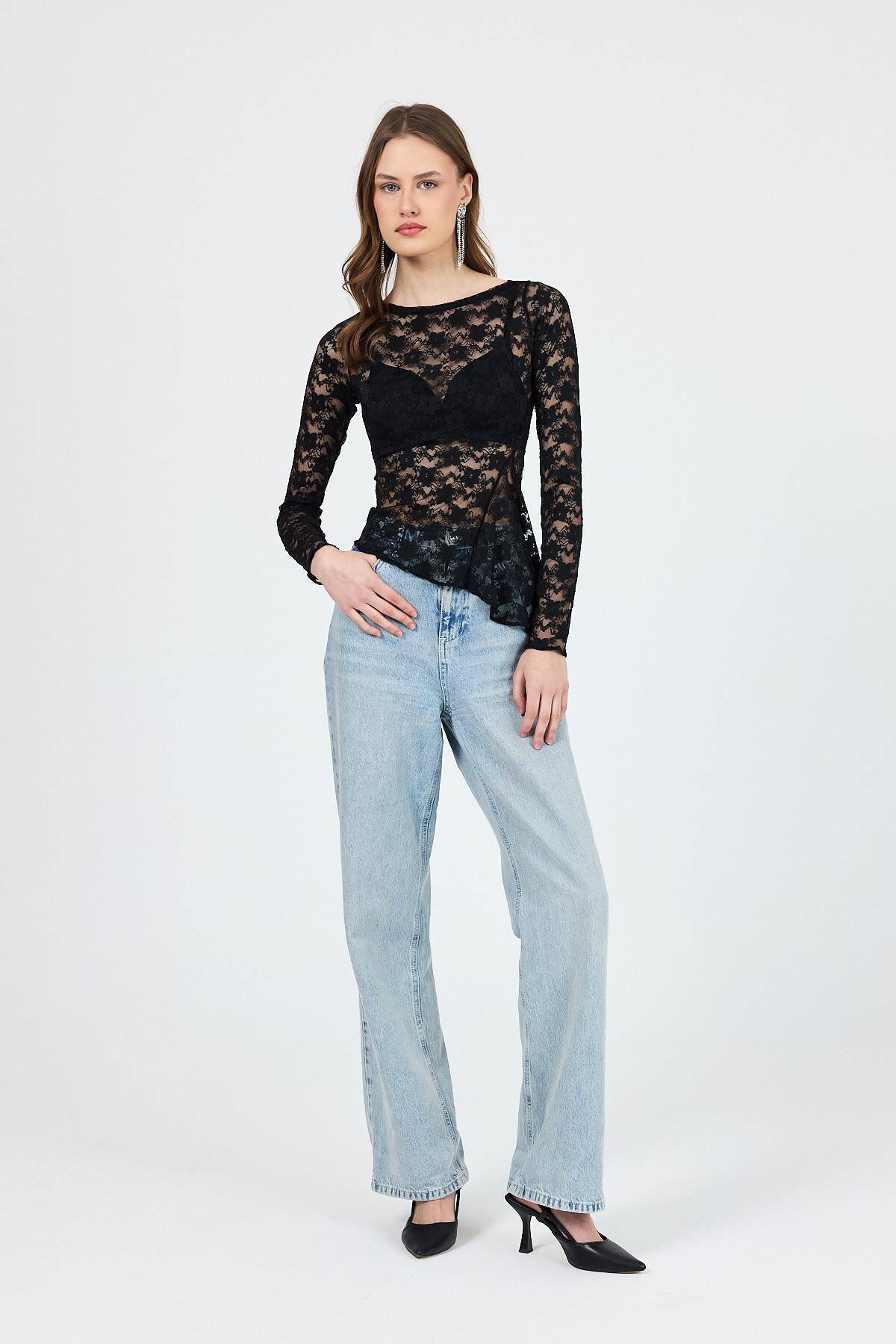 Siyah Uzun Kollu Transparan Dantel Bluz 13288 - Stilay