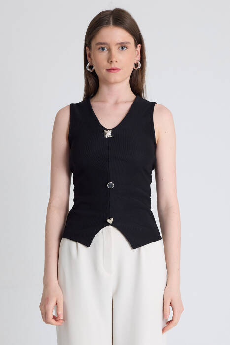 Siyah V Yaka Düğme Detaylı Kolsuz Bluz 9204M - Stilay