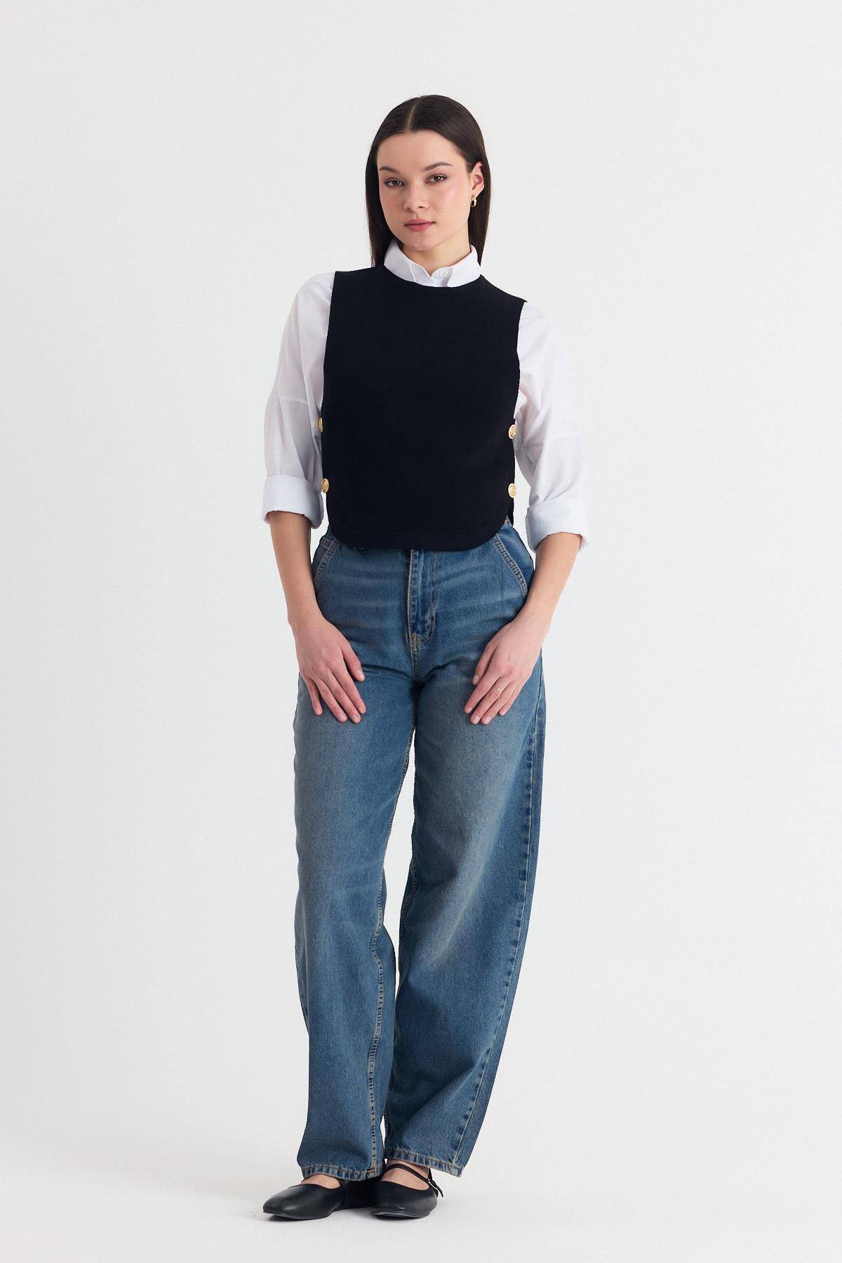 Siyah Yan Düğme Detay Sıfır Kol Süveter 2111 - Stilay