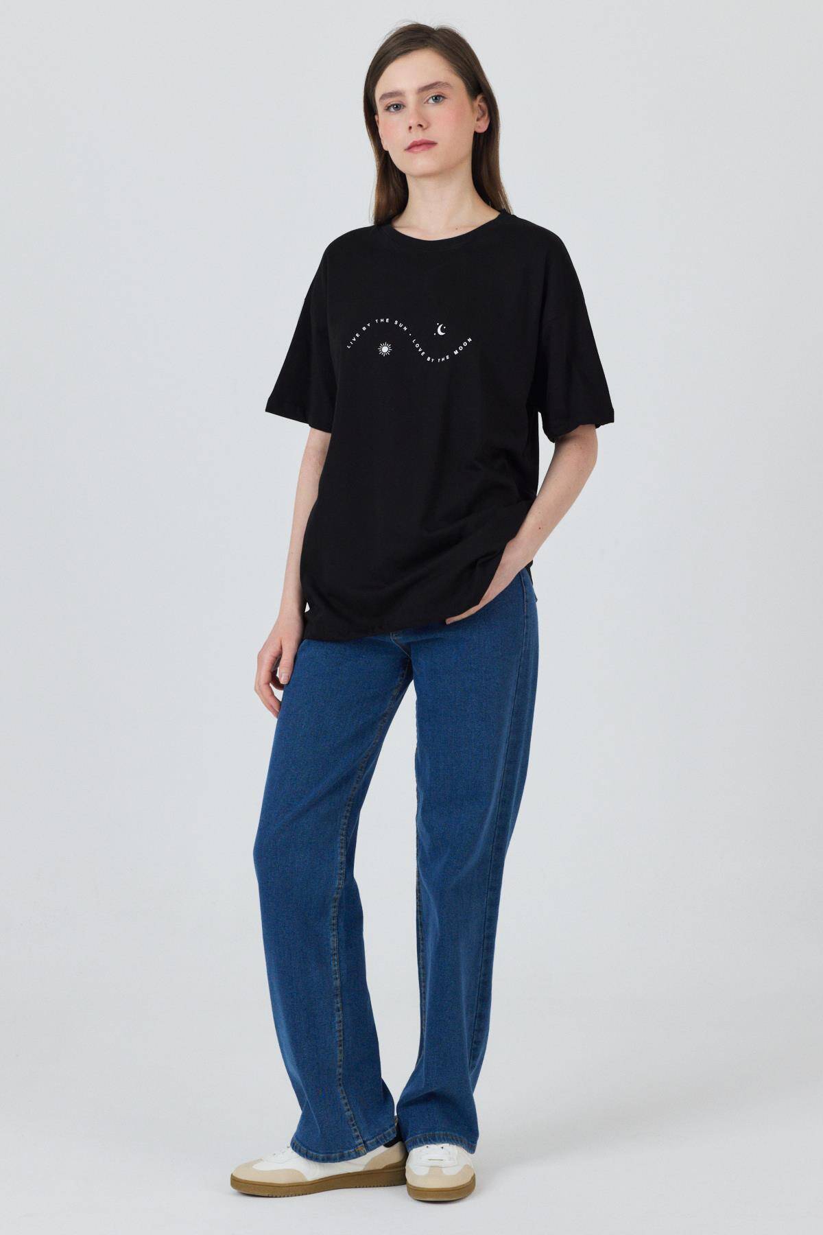 Siyah Yazı Baskılı Oversize Pamuklu Tişört 2150-32M - 3