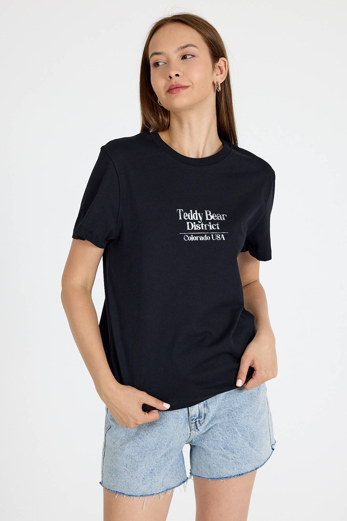 Siyah Yazı Baskılı Oversize Tişört 6462 - 5