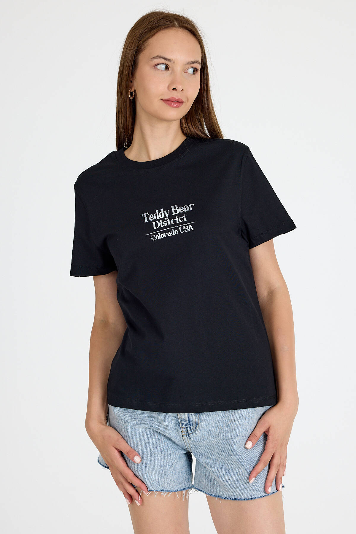 Siyah Yazı Baskılı Oversize Tişört 6462 - 1