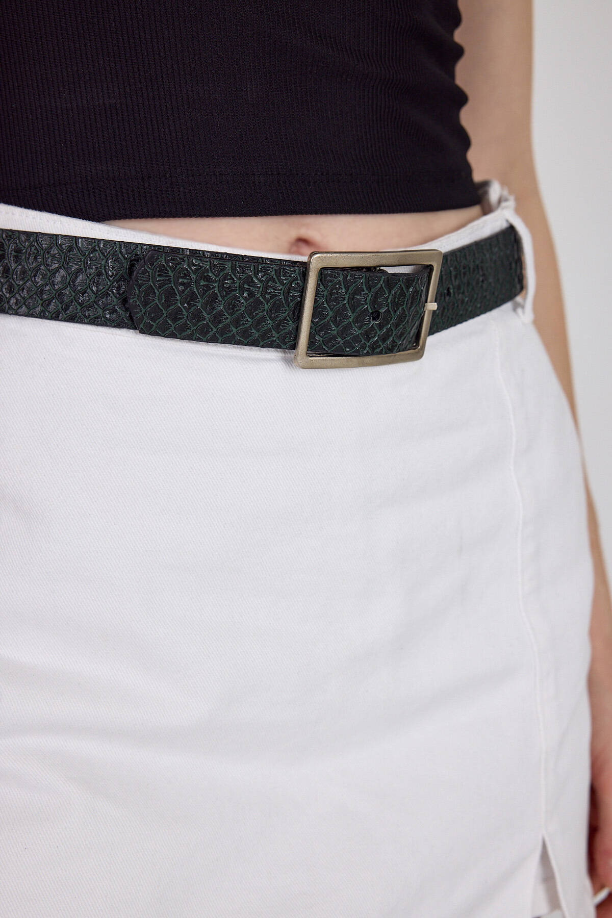 Siyah Yılan Desen Görünümlü Gümüş Toka Detaylı Kemer 432 - Stilay