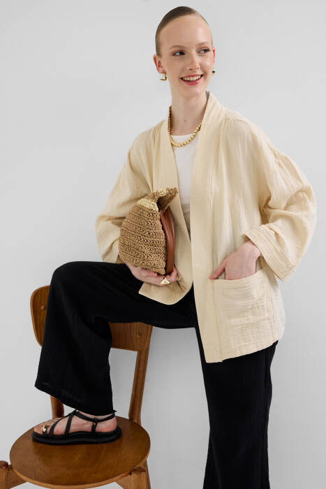 Taş %100 Pamuk Ceplİ Müslin Kimono 8065A 