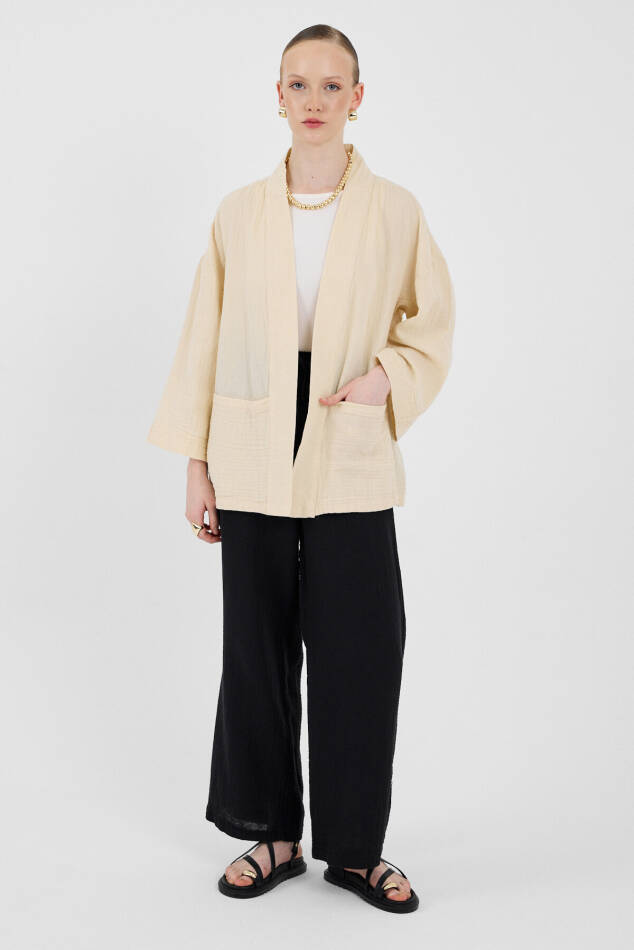 Taş %100 Pamuk Ceplİ Müslin Kimono 8065A - 4
