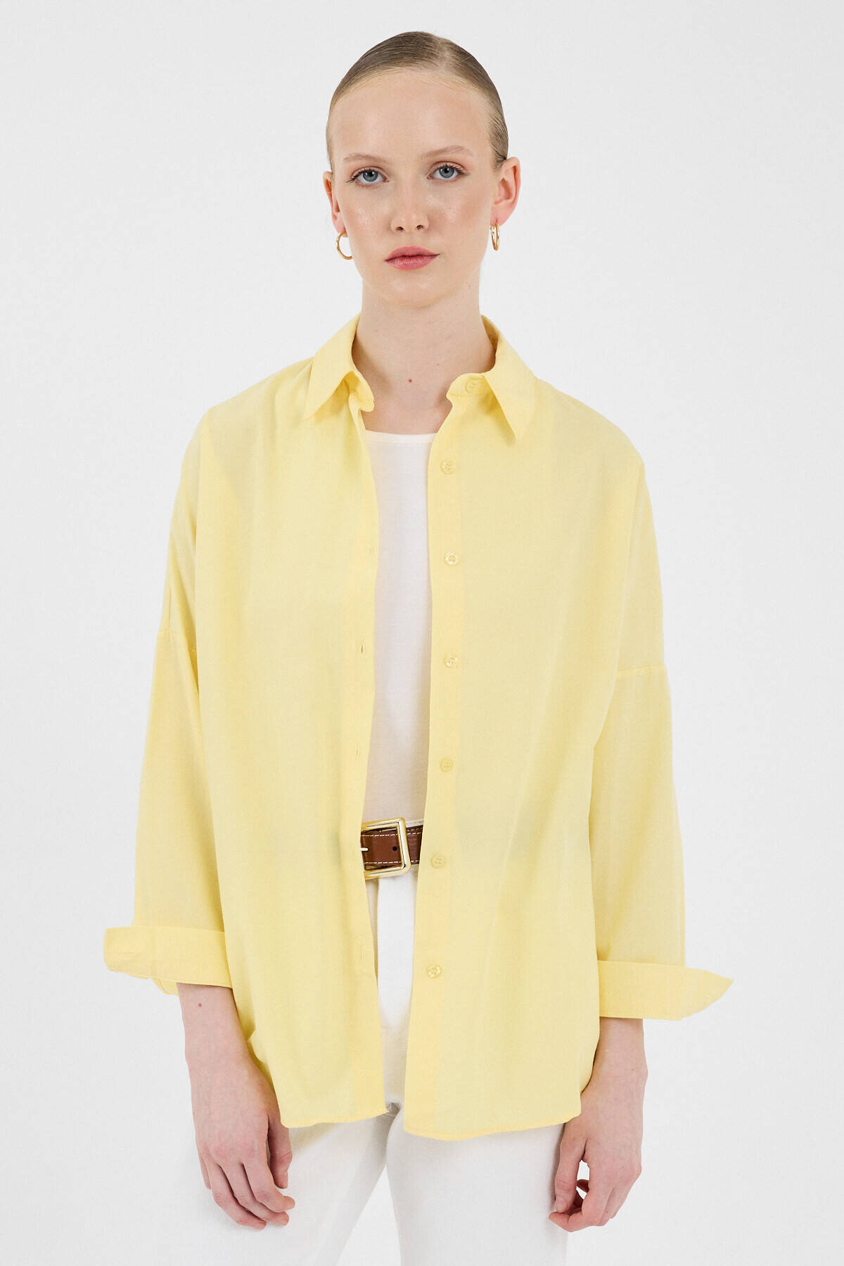 Tereyağ Sarısı Relaxed Fit Rahat Kesim Basic Gömlek 6621A - Stilay