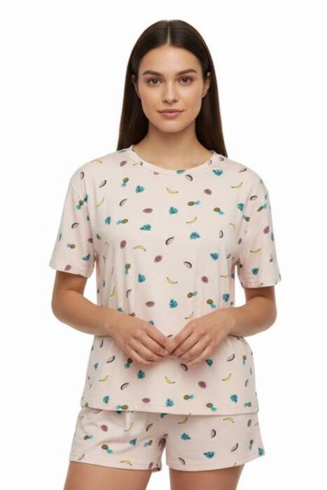 Toz Pembe Meyve Desenli Kısa Kollu Pijama Takımı 3419 