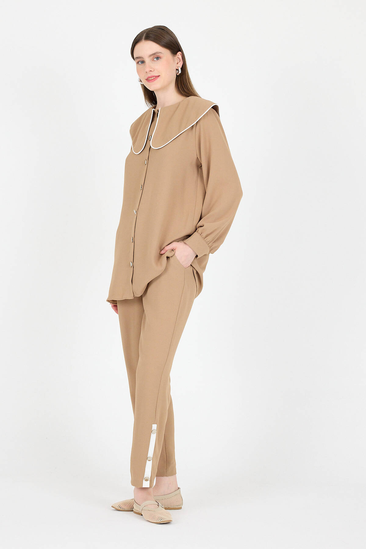 Vizon Bebe Yaka Düğmeli Tunik ve Yanı Şerit Detaylı Pantolon Takım 4661A - 1