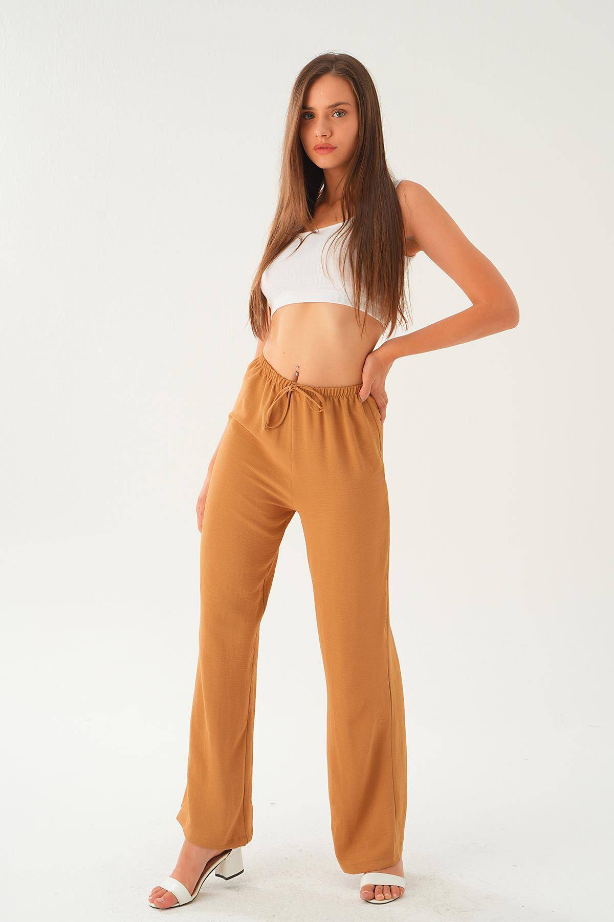 Vizon Beli Lastikli Bol Paça Dokuma Pantolon 4284-1 