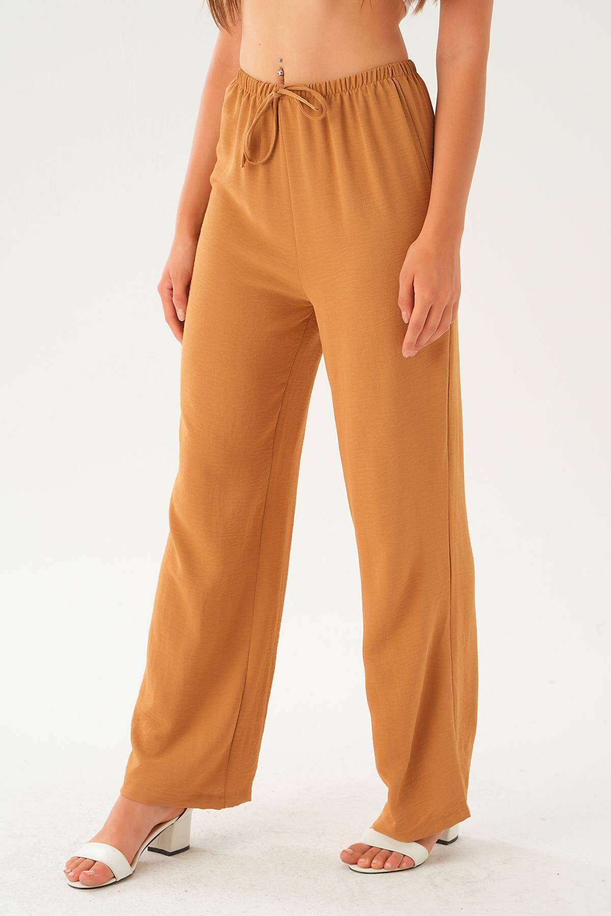 Vizon Beli Lastikli Bol Paça Dokuma Pantolon 4284-1 - 2