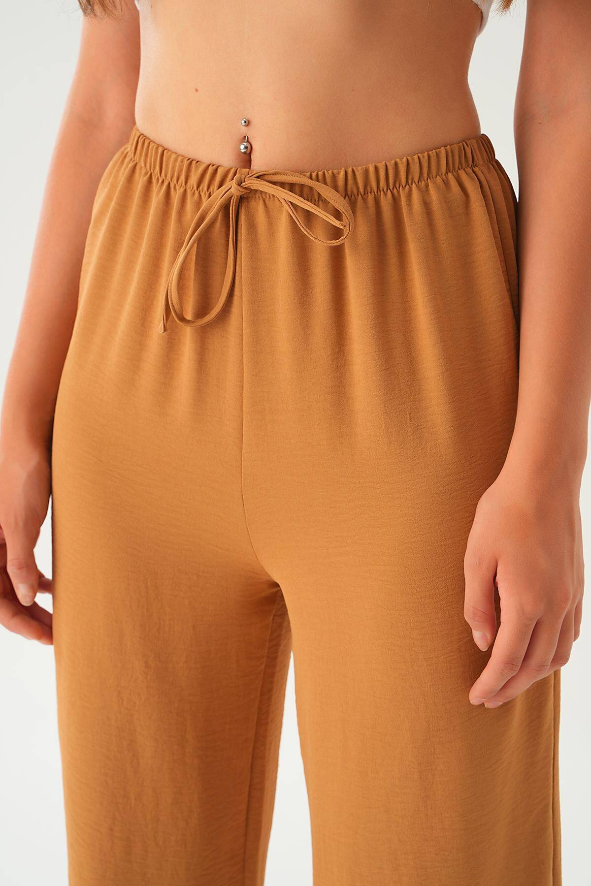 Vizon Beli Lastikli Bol Paça Dokuma Pantolon 4284-1 - 5