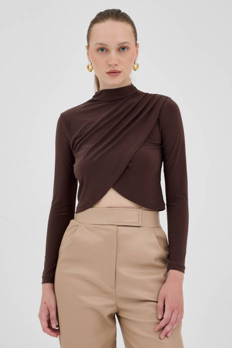 Vizon Drapeli Yüksek Yaka Uzun Kollu Bluz 2379 - Stilay