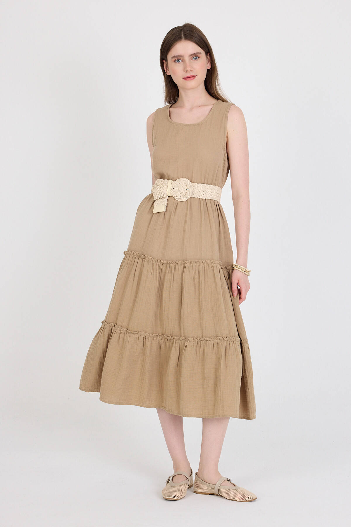 Vizon Keten Görünümlü %100 Pamuk Fırfır Detaylı Kolsuz Midi Elbise 4738A - Stilay