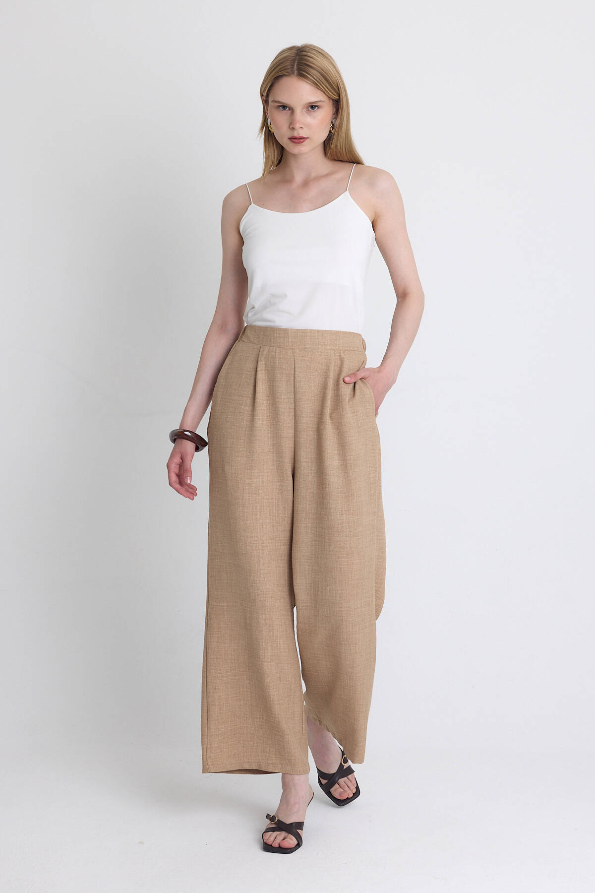 Vizon Yüksek Bel Ön Pile Detaylı Pamuklu Bol Paça Pantolon 8014A - Stilay